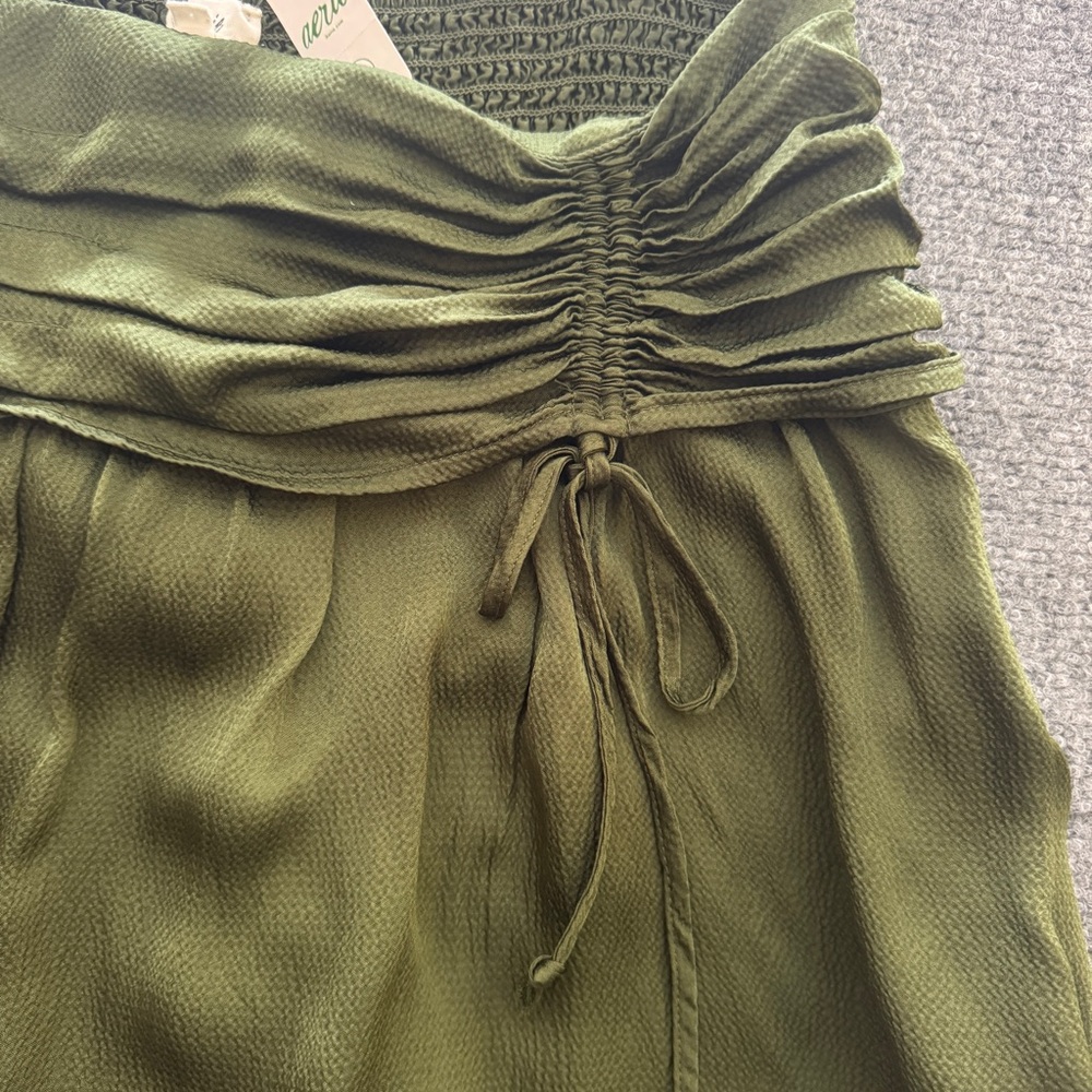 Aerie Smocked Ruched Mini Skirt NWT Green Tie Waist Flowy L - Picture 6 of 12